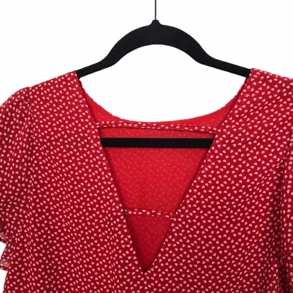 Sugarlips Red Heart Print Short Flutter Sleeve Bl… - image 3